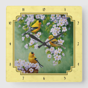 Goldfinch Birds & Apple Blossoms gelb Quadratische Wanduhr