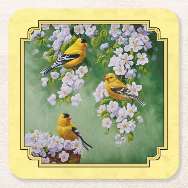 Goldfinch Birds & Apple Blossoms gelb Rechteckiger Pappuntersetzer (Vorderseite)
