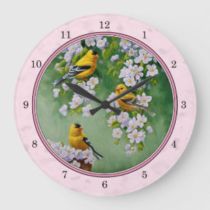 Goldfinch Birds & Blume Rosa Große Wanduhr