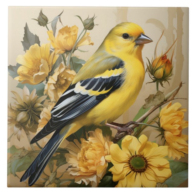 Goldfinch, Gelb und Schwarzer Vogel Fliese (Vorderseite)