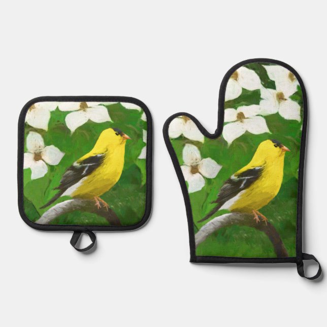 Goldfinch in Dogwood Blossoms Original Vogelkunst Ofenhandschuh & Topflappen-Set (Vorderseite)