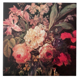 GOLDFINCH, PINK ROSES UND BUTTERFLY Flämisch Fliese