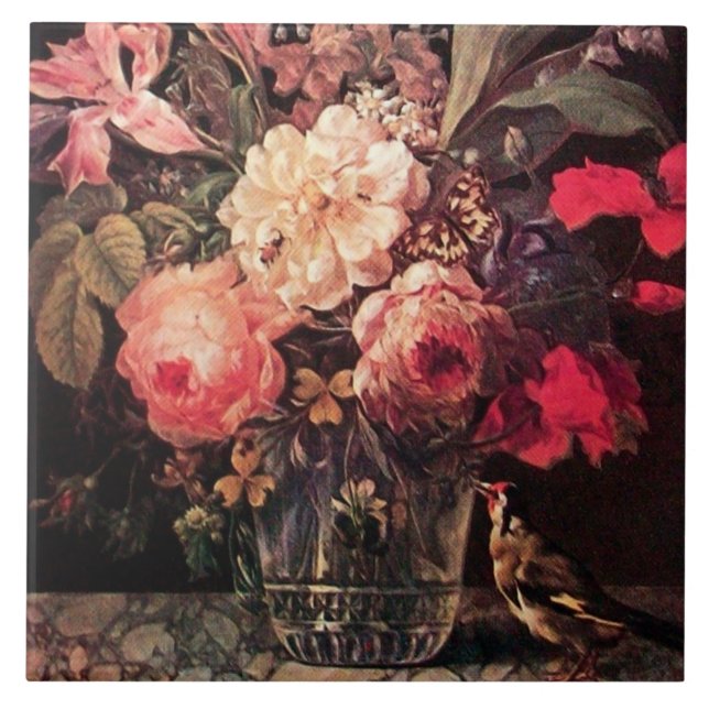 GOLDFINCH, PINKROSEN UND SCHALTFLÄCHE FLIESE (Vorderseite)