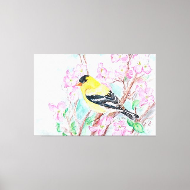 Goldfinch und Dogwood-Blume Leinwanddruck (Vorderseite)