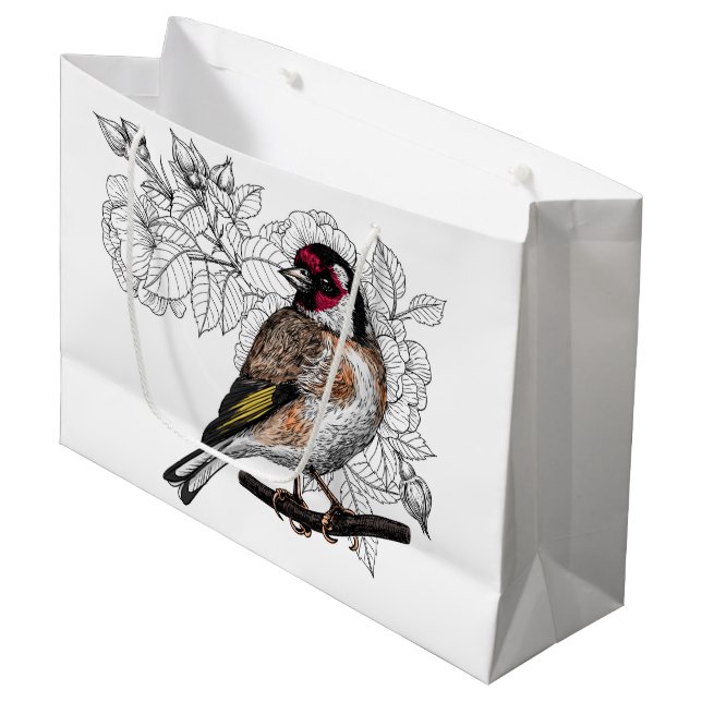 Goldfinch und Rose Große Geschenktüte (Vorderseite Schrägansicht)