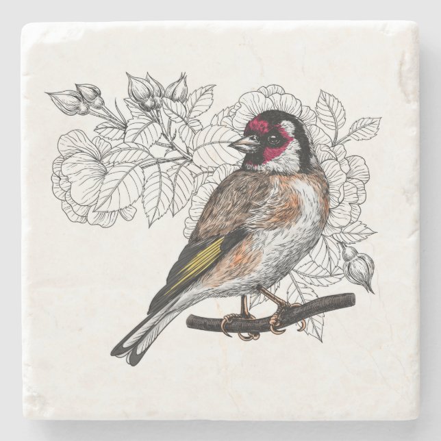 Goldfinch und Rose Steinuntersetzer (Vorderseite)