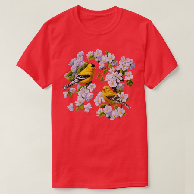 Goldfinch-Vögel und Apple-Blossom-Blume T-Shirt (Design vorne)