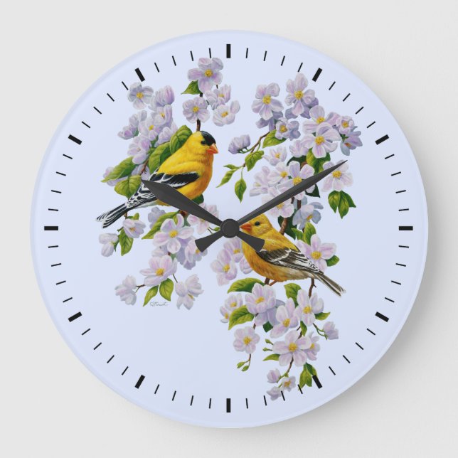 Goldfinch Vögel und Blume Blau Große Wanduhr (Vorderseite)
