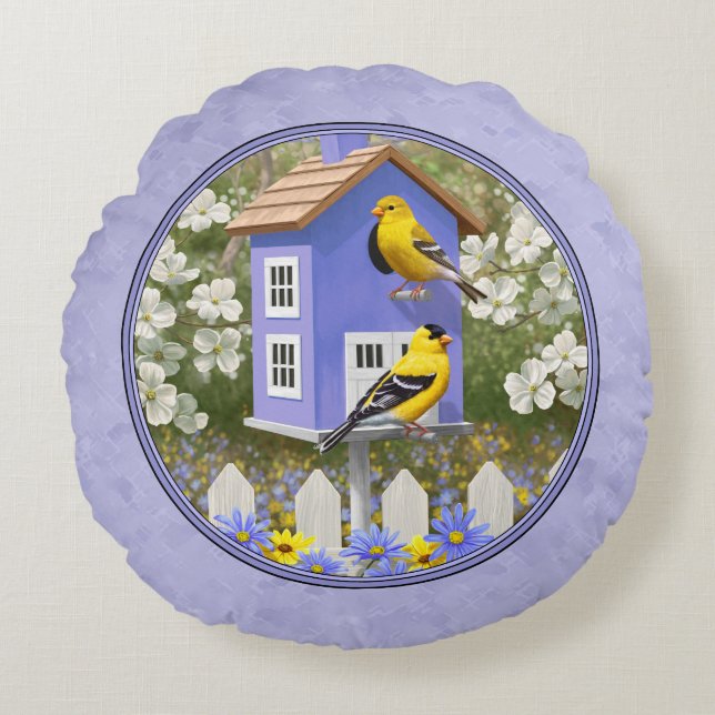 Goldfinches und Niedlicher Birdhouse Lavender Rundes Kissen (Vorderseite)