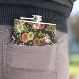 Goldfinken im Garten auf schwarz Flachmann