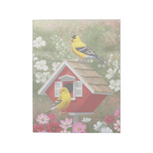 Goldfinken und Niedliche Hütte Birdhouse Notizblock