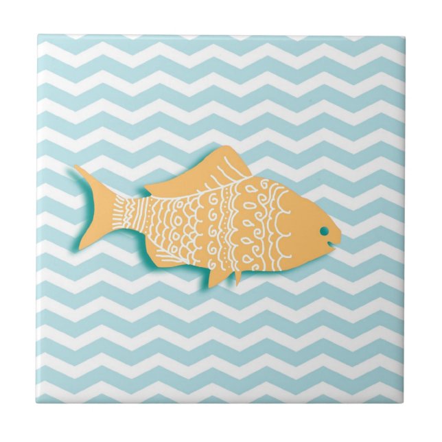 Goldfisch auf Minzblau Zickzack Fliese (Vorderseite)