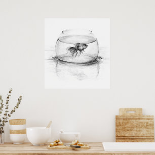Goldfisch in einer Schale und Wasser Bleistiftzeic Poster