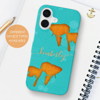 Goldfisch Orange Silhouetten Türkiswasser Name iPhone 16 Hülle