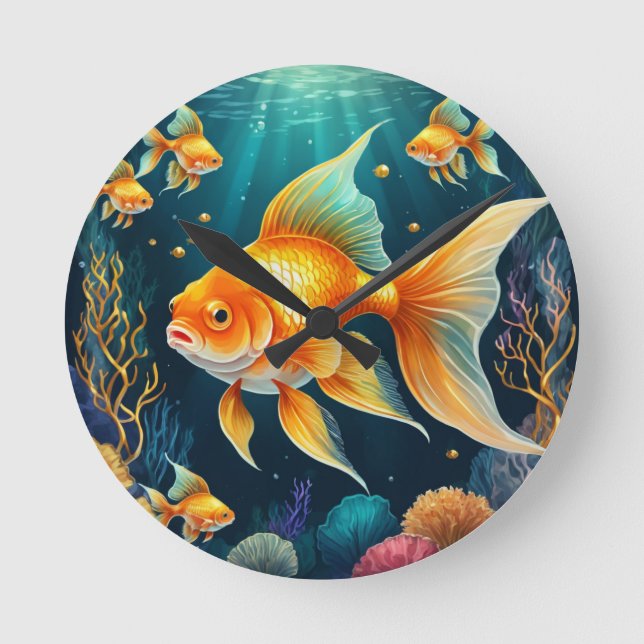 Goldfisch unter Wasser Runde Wanduhr (Vorderseite)