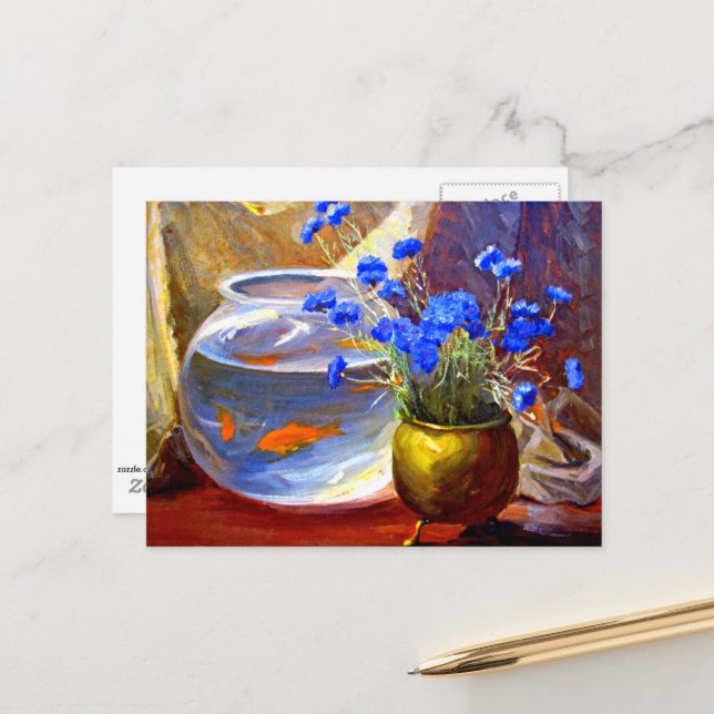 Goldfish Bowl und Blume Postkarte (Vorderseite/Rückseite Beispiel)