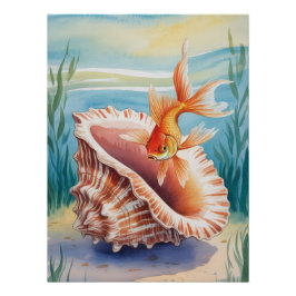 Goldfish in Aquarellfarben in KorallenMuschel Poster
