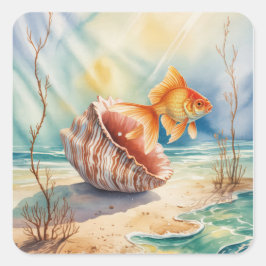 Goldfish in Aquarellfarben in KorallenMuschel Quadratischer Aufkleber