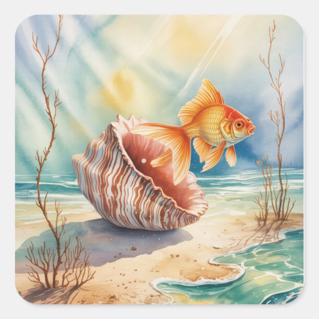Goldfish in Aquarellfarben in KorallenMuschel Quadratischer Aufkleber (Vorderseite)