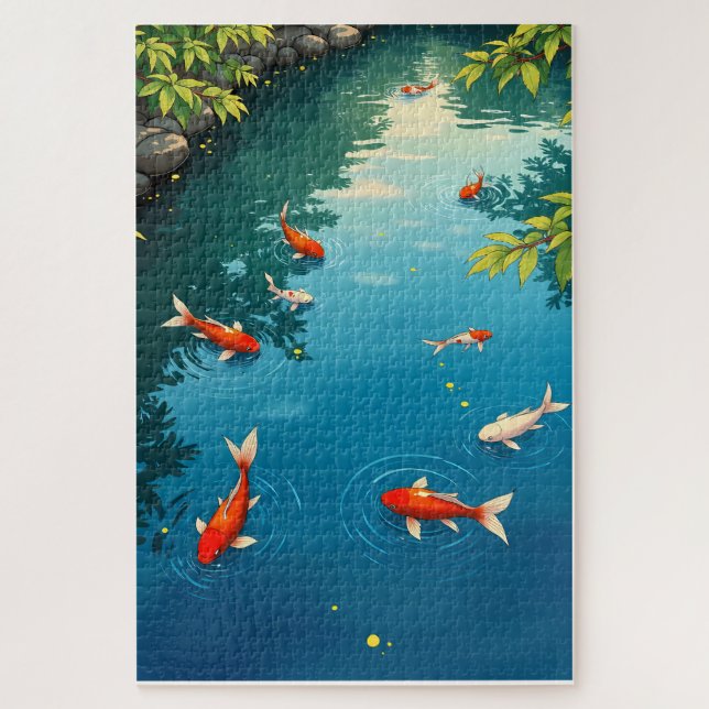 Goldfish in einem ruhigen blauen Teich - Retro Jap Puzzle (Vertikal)