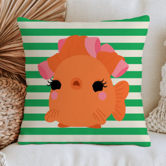 Goldfish with Hair Rolls On Green Stripes Quirky Kissen