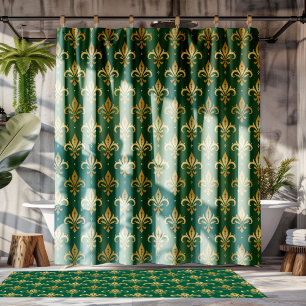 Goldfleur-de-lis-nahtloses Muster auf grün Duschvorhang
