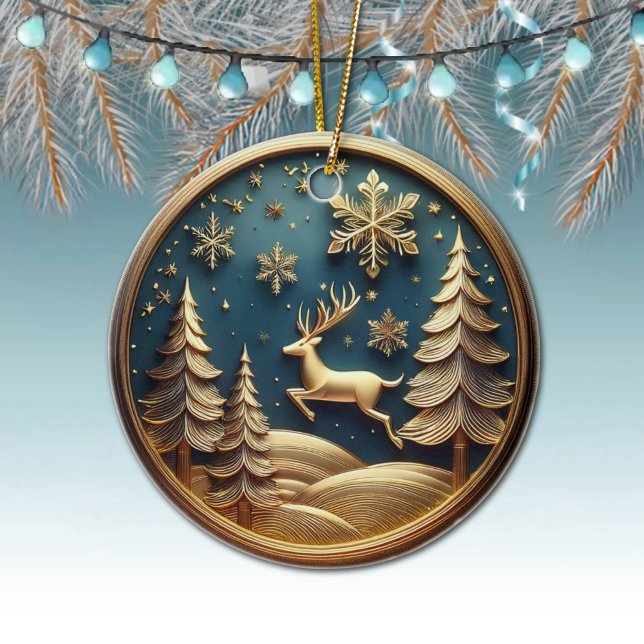 Goldfliegender Rentier, Bäume, Schneeflocken, Hirs Keramik Ornament (Golden Flying Reindeer, Deer Antlers, Trees, Moon, Snowy Night Winter Scene Ornament Front/Back 🦌🎄)