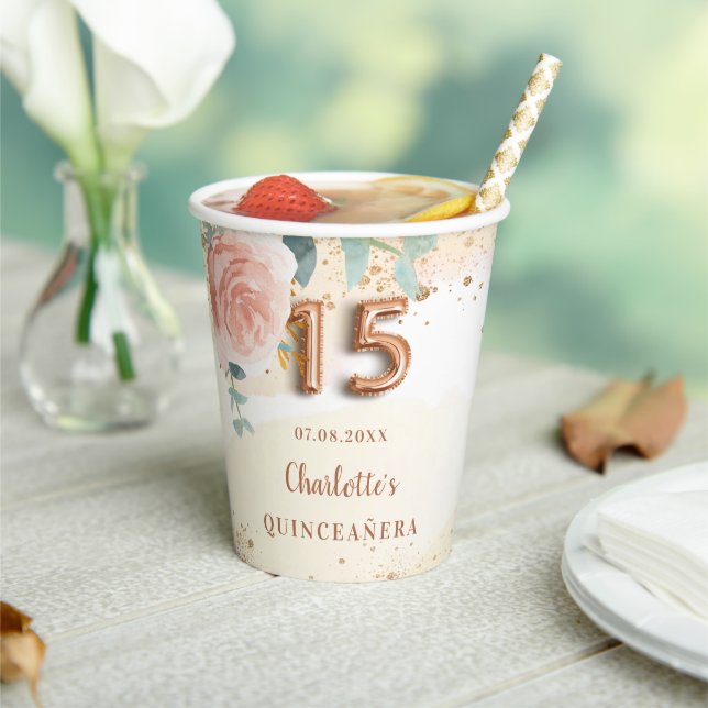 Goldflora der Rose Quinceanera Glitzer Golden Pappbecher (In Situ)