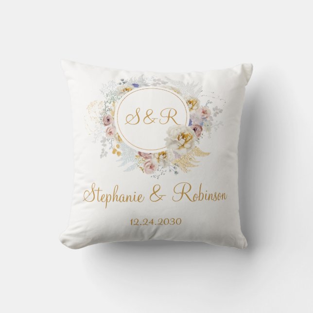 Goldfloral-Monogramm-Hochzeitswurfpilz Kissen (Vorderseite)