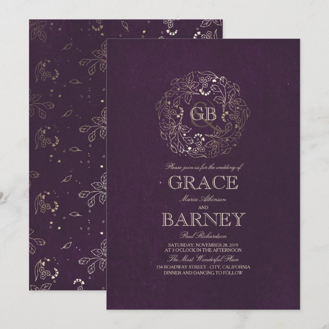 Goldfloraldraht Monogram Vintag Plum Wedding Einladung (Vorne/Hinten)