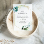 Goldflorale mit tropischer Vegetation Lässige Hoch Einladung<br><div class="desc">Diese goldene Blüte mit tropischer Vegetation lässige Hochzeitseinladung ist perfekt für eine Hochzeit in Urlaubsort. Das Design zeichnet sich vor allem durch handbemaltes,  grünes Blattwerk in Aquarell und goldene Blume aus,  das einen eleganten geometrischen Rahmen schmückt.</div>