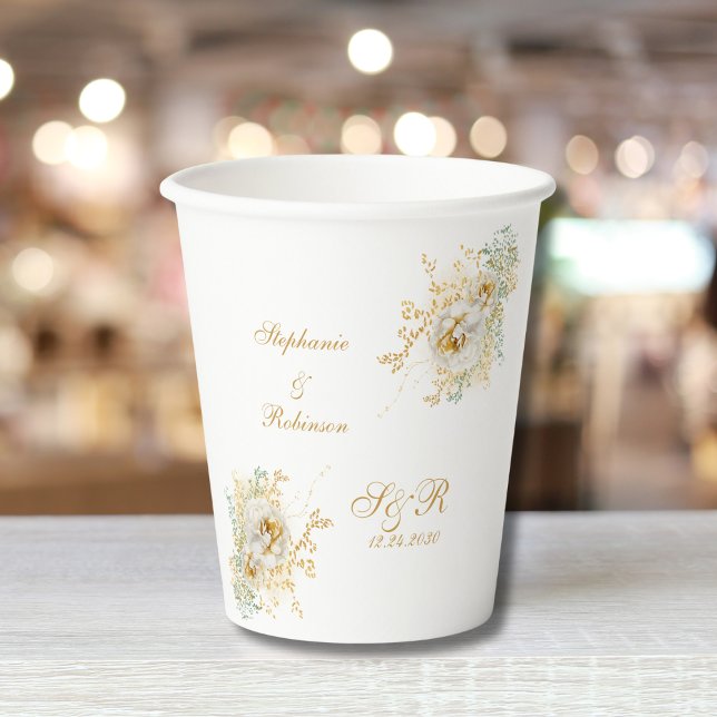 Goldflorale Monogram Logo-Hochzeit Pappbecher (Von Creator hochgeladen)