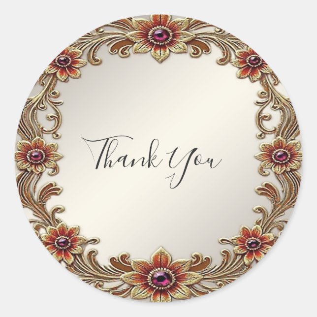 Goldflorale Rahmen mit Rot-Stein-Aufkleber Runder Aufkleber (Vorderseite)