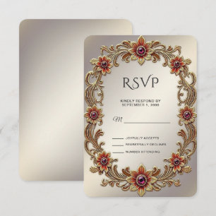 Goldflorale Rahmen mit RSVP-Karte mit roten Steine RSVP Karte
