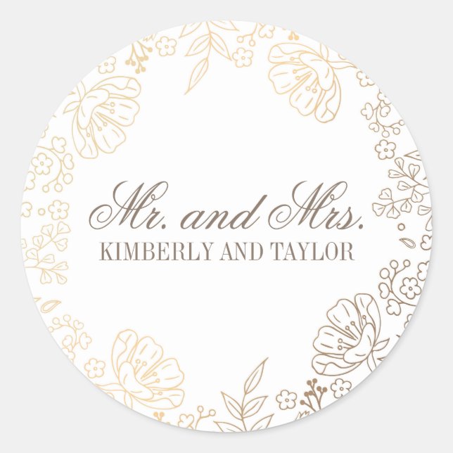 Goldflorale White Vintage Wedding Monogram Runder Aufkleber (Vorderseite)