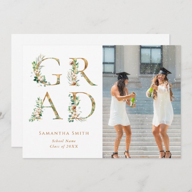 GoldfloralTypografie Modernes Foto Abschluss Ankündigung (Vorne/Hinten)