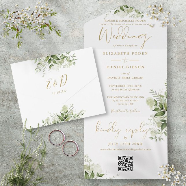 Goldflorengrün QR-Code Feierliche Hochzeit All In One Einladung (Gold Floral Greenery QR Code Formal Wedding All In One Invitation)