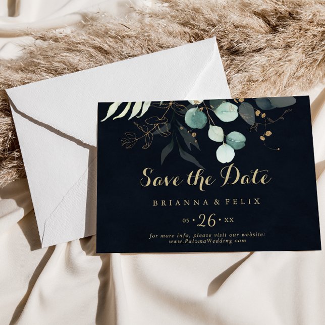 Goldflorenkalligrafie Blaue horizontale Hochzeit Save The Date (Von Creator hochgeladen)