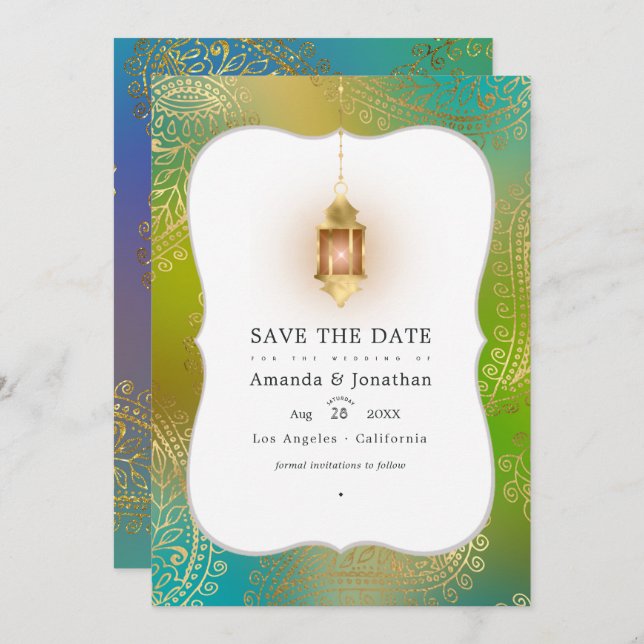 Goldfoil Arabian Bollywood Wedding Foto Rette The Save The Date (Vorne/Hinten)