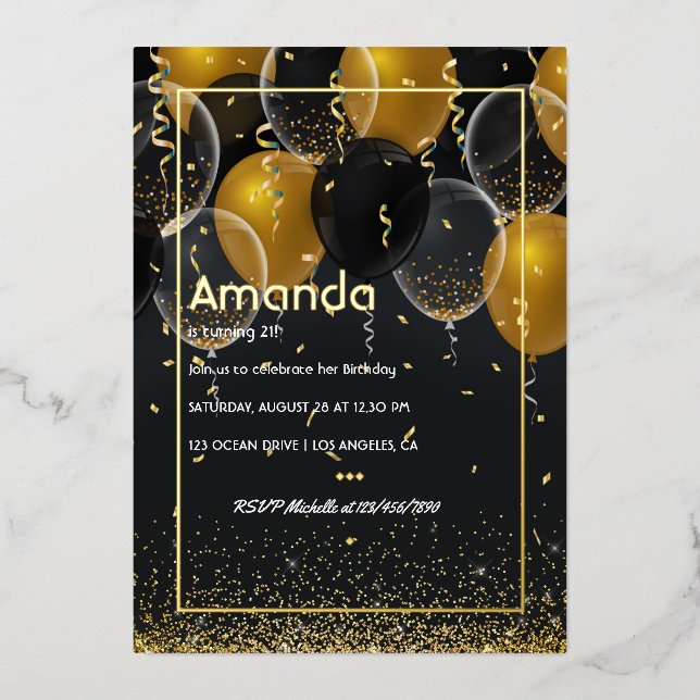 Goldfoil Ballon Birthday Foil Einladung (Vorderseite)