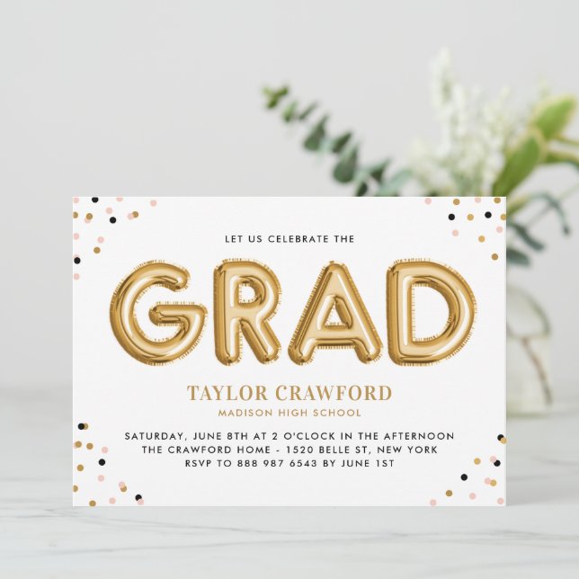 Goldfoil Ballon Confetti Dots Graduation Party Einladung (Stehend Vorderseite)