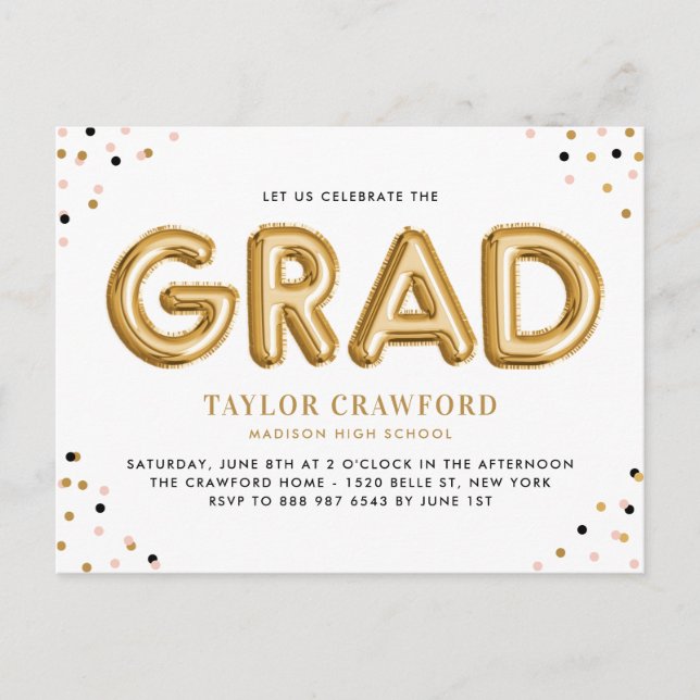 Goldfoil Ballon Confetti Dots Graduation Party Einladungspostkarte (Vorderseite)
