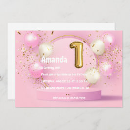 Goldfoil Ballon und Confetti 1. Geburtstag Einladung