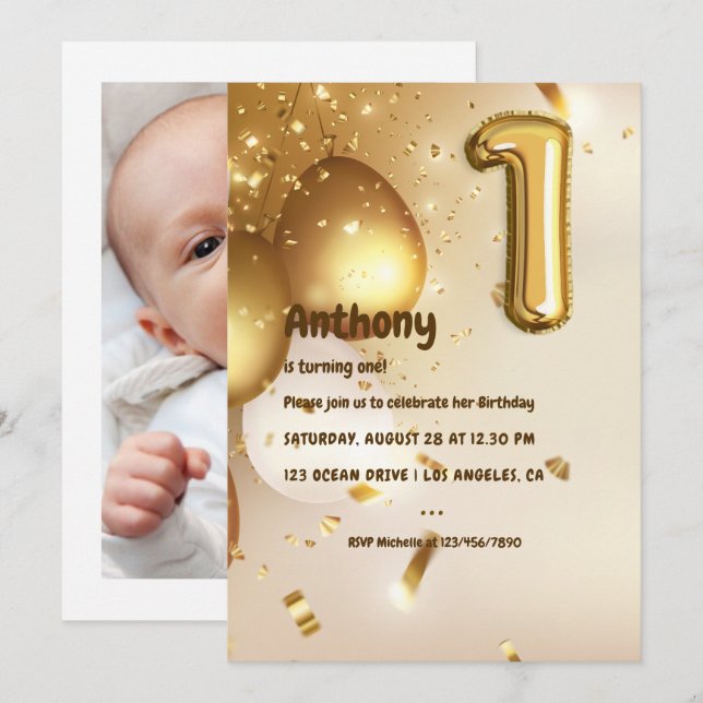 Goldfoil Ballon und Confetti 1. Geburtstag Einladung (Vorne/Hinten)