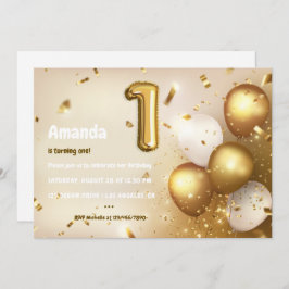 Goldfoil Ballon und Confetti 1. Geburtstag Invita Einladung