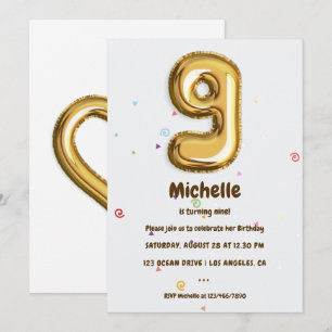 Goldfoil Ballon und Confetti 9. Geburtstagsparty Einladung