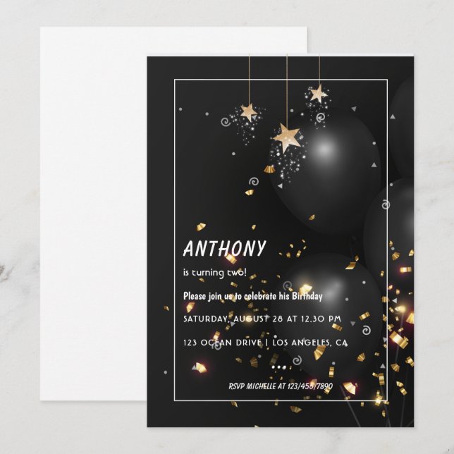 Goldfoil Ballon und Confetti Geburtstagsparty Einladung (Vorne/Hinten)