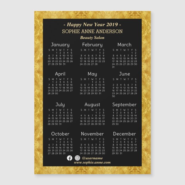 Goldfoil Beauty Salon Mini Kalender 2019 Magnetkarte (Vorderseite)