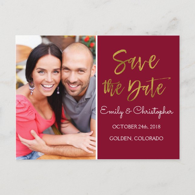 Goldfoil & Burgundy Marsala Save the Date Foto Ankündigungspostkarte (Vorderseite)