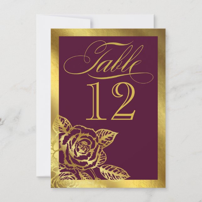 Goldfoil Burgundy Vintage Botanische Tafelkarte Einladung (Vorderseite)